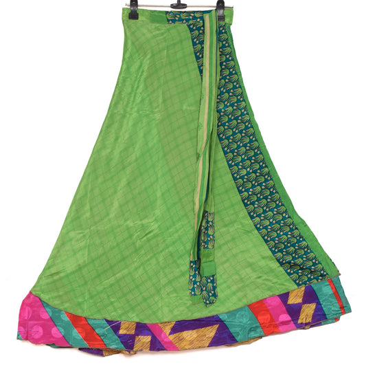 Sushila Vintage Green Checks Saree Magic Wrap Reversible Skirt Art Silk Beach Dress