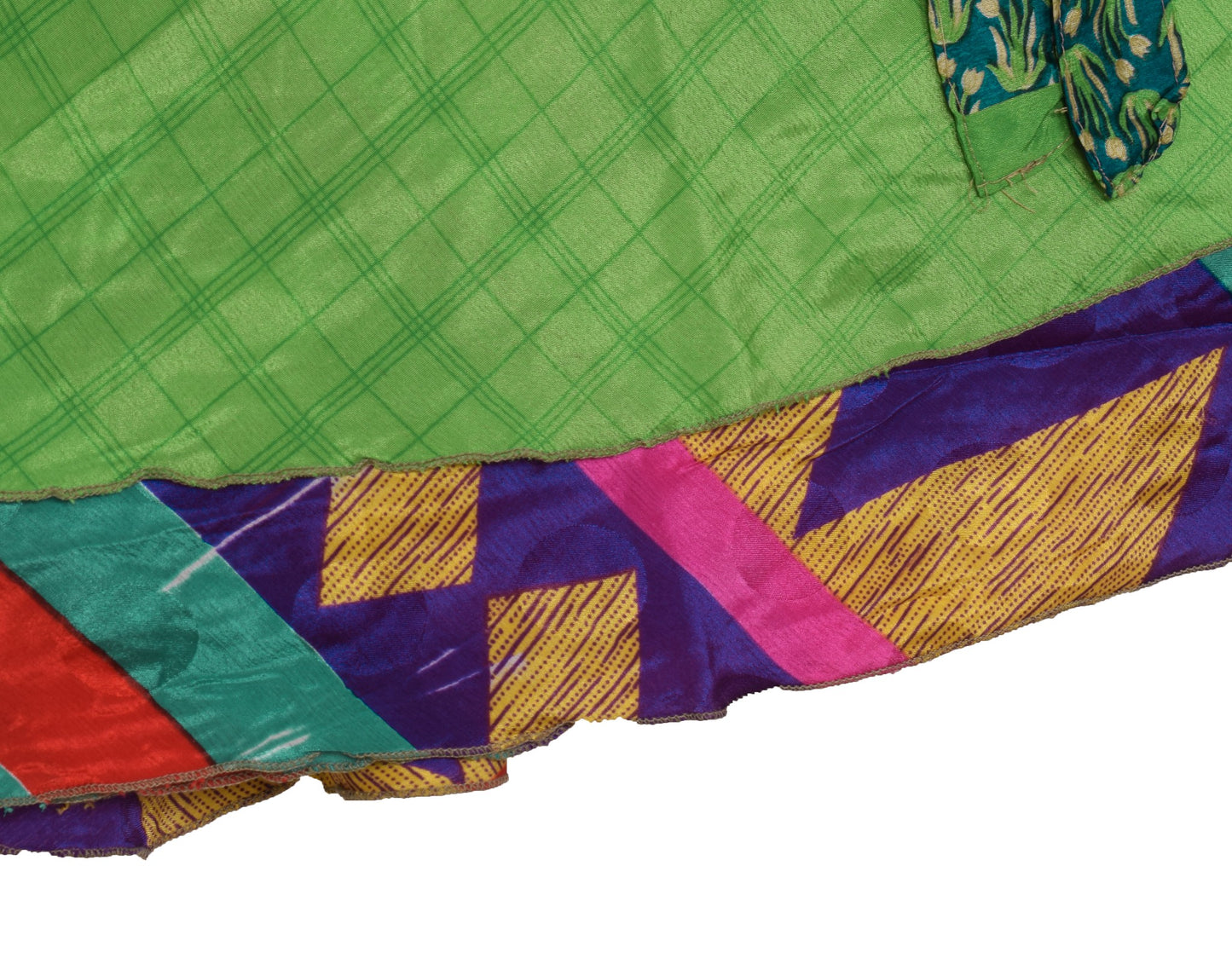 Sushila Vintage Green Checks Saree Magic Wrap Reversible Skirt Art Silk Beach Dress