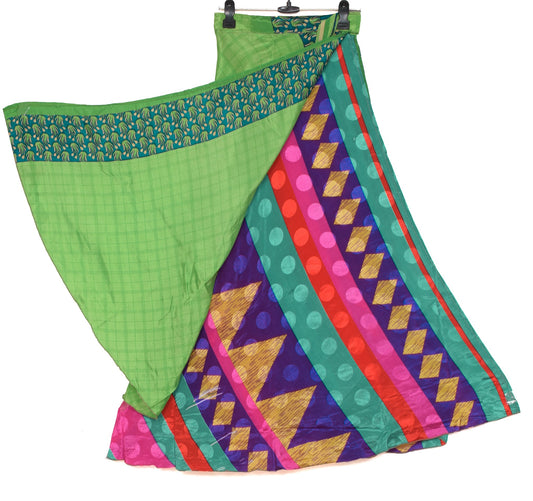 Sushila Vintage Green Checks Saree Magic Wrap Reversible Skirt Art Silk Beach Dress