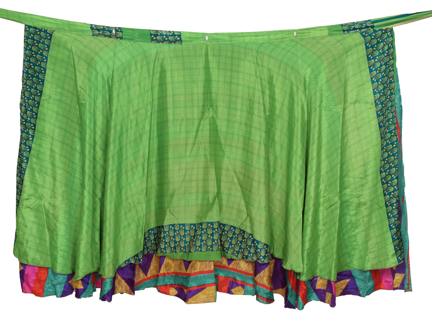 Sushila Vintage Green Checks Saree Magic Wrap Reversible Skirt Art Silk Beach Dress