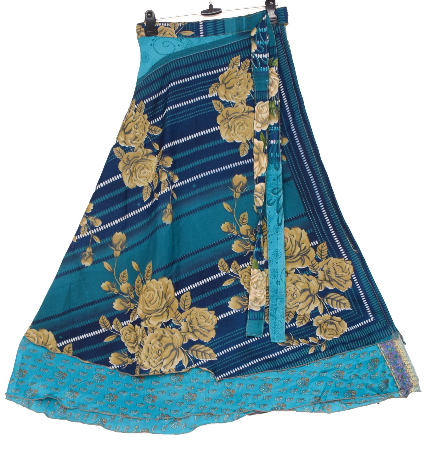 Sushila Vintage Art Silk Saree Magic Wrap Reversible Skirt Floral Blue Beach Dress