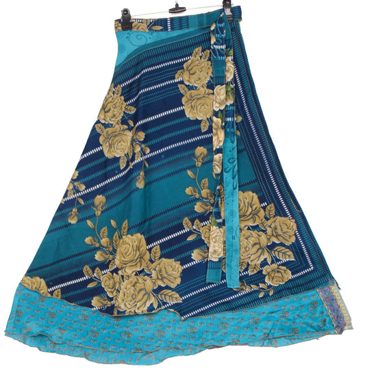 Sushila Vintage Art Silk Saree Magic Wrap Reversible Skirt Floral Blue Beach Dress