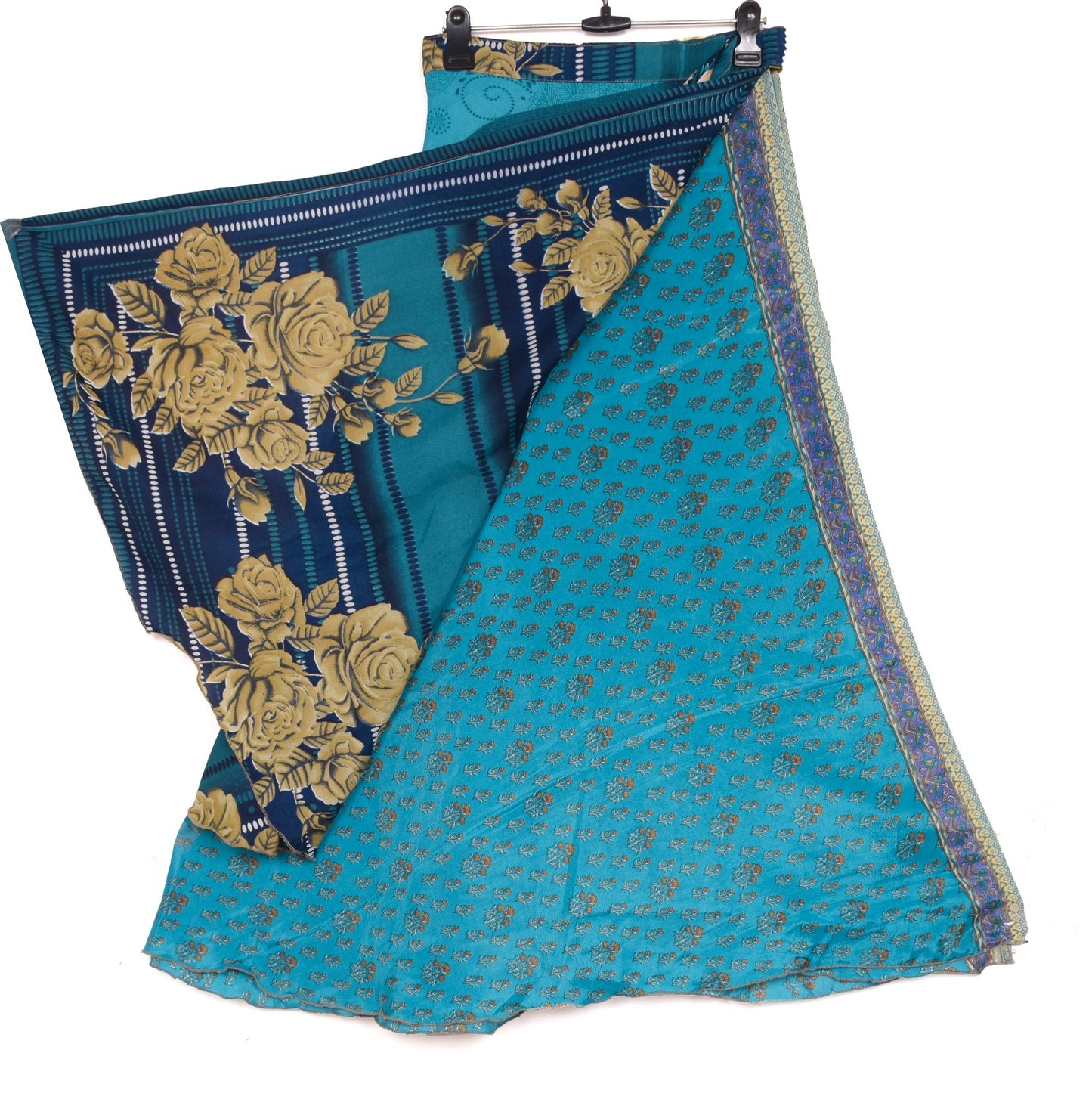 Sushila Vintage Art Silk Saree Magic Wrap Reversible Skirt Floral Blue Beach Dress