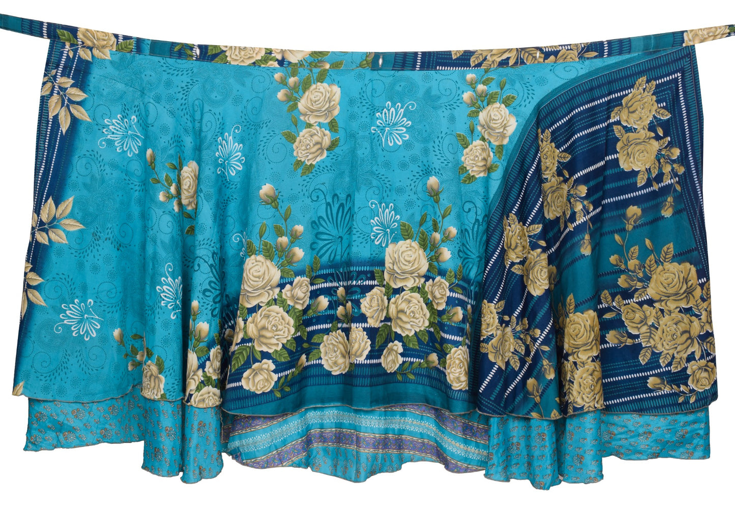Sushila Vintage Art Silk Saree Magic Wrap Reversible Skirt Floral Blue Beach Dress