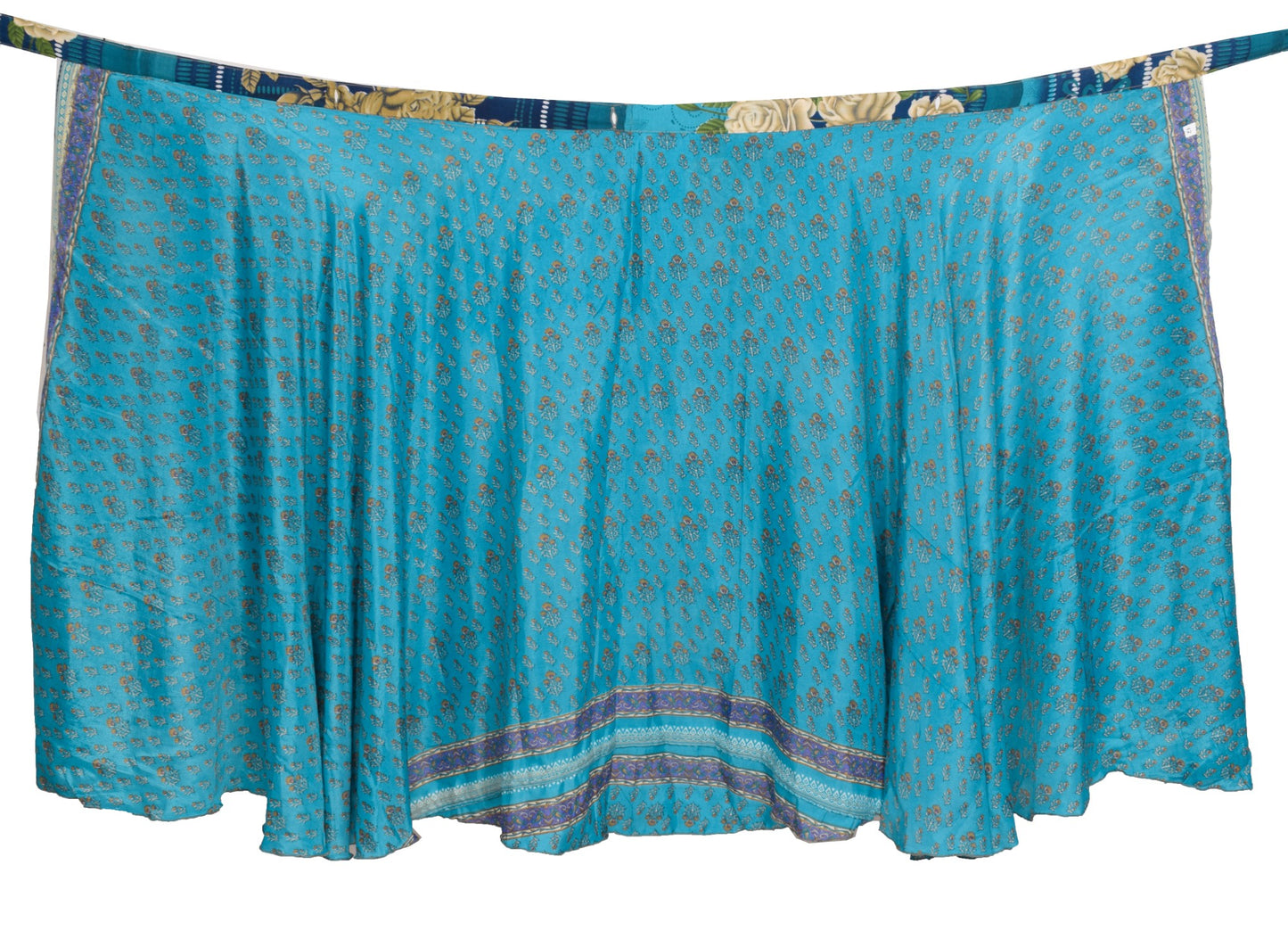 Sushila Vintage Art Silk Saree Magic Wrap Reversible Skirt Floral Blue Beach Dress