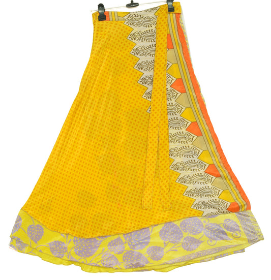 Sushila Vintage Art Silk Saree Magic Wrap Reversible Skirt Floral Yellow Beach Dress