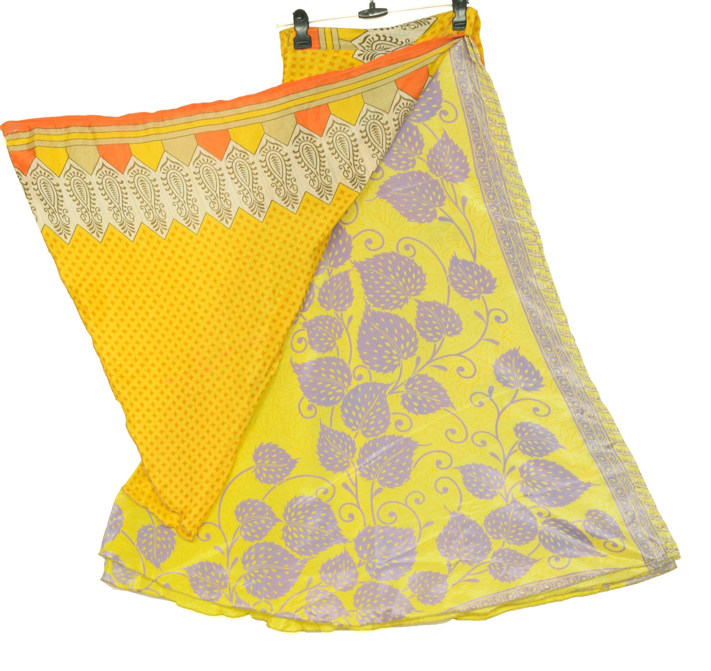 Sushila Vintage Art Silk Saree Magic Wrap Reversible Skirt Floral Yellow Beach Dress
