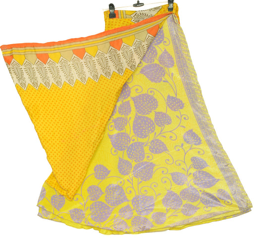 Sushila Vintage Art Silk Saree Magic Wrap Reversible Skirt Floral Yellow Beach Dress