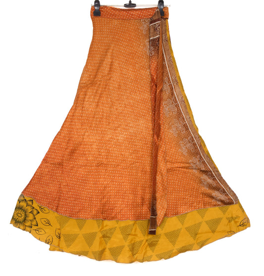 Sushila Vintage Magic Wrap Mustard Art Silk Saree Reversible Skirt Beach Dress