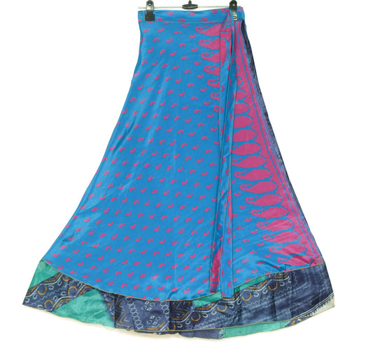Sushila Vintage Art Silk Saree Blue Magic Wrap Reversible Skirt Beach Dress Boho