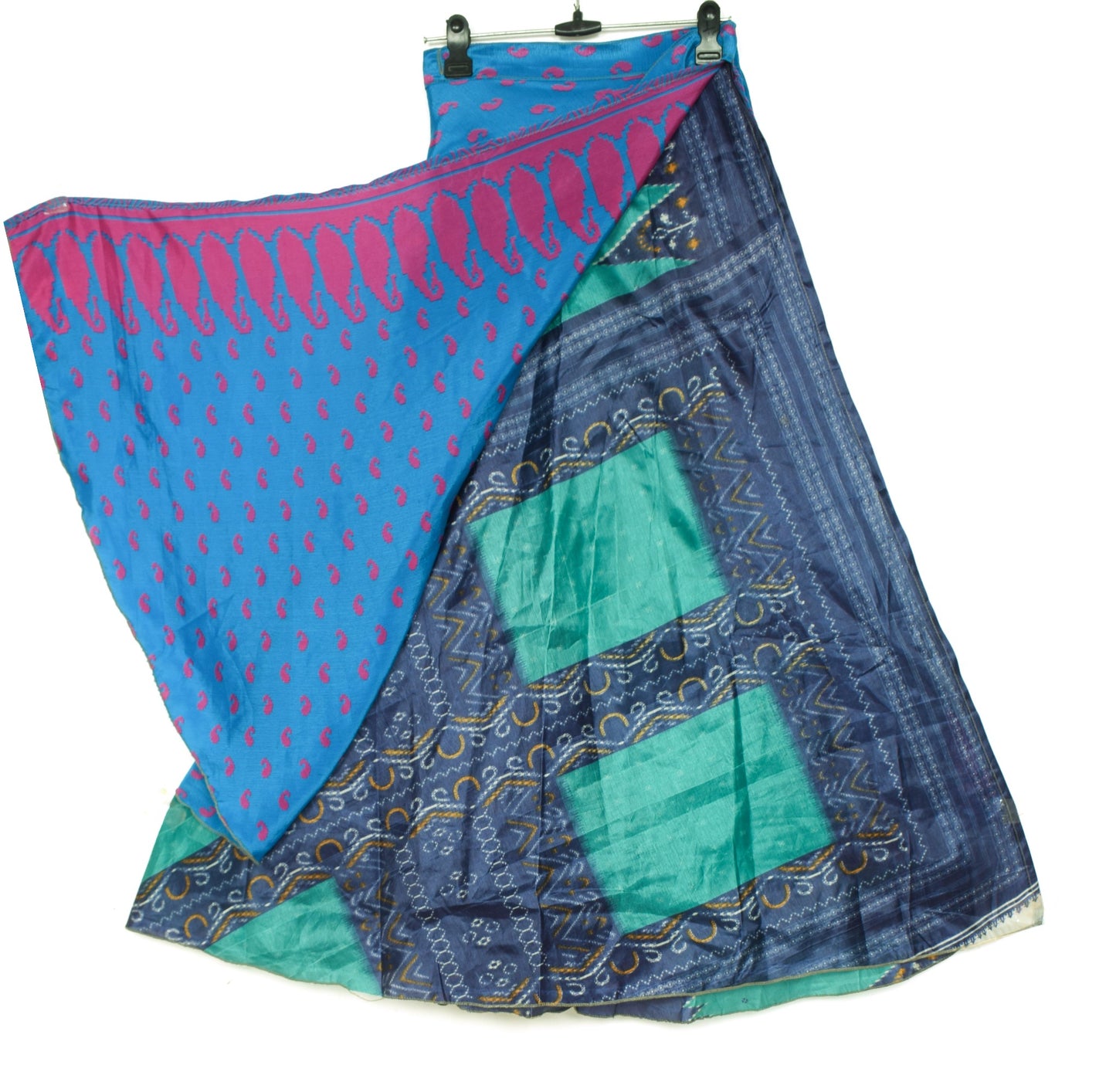 Sushila Vintage Art Silk Saree Blue Magic Wrap Reversible Skirt Beach Dress Boho