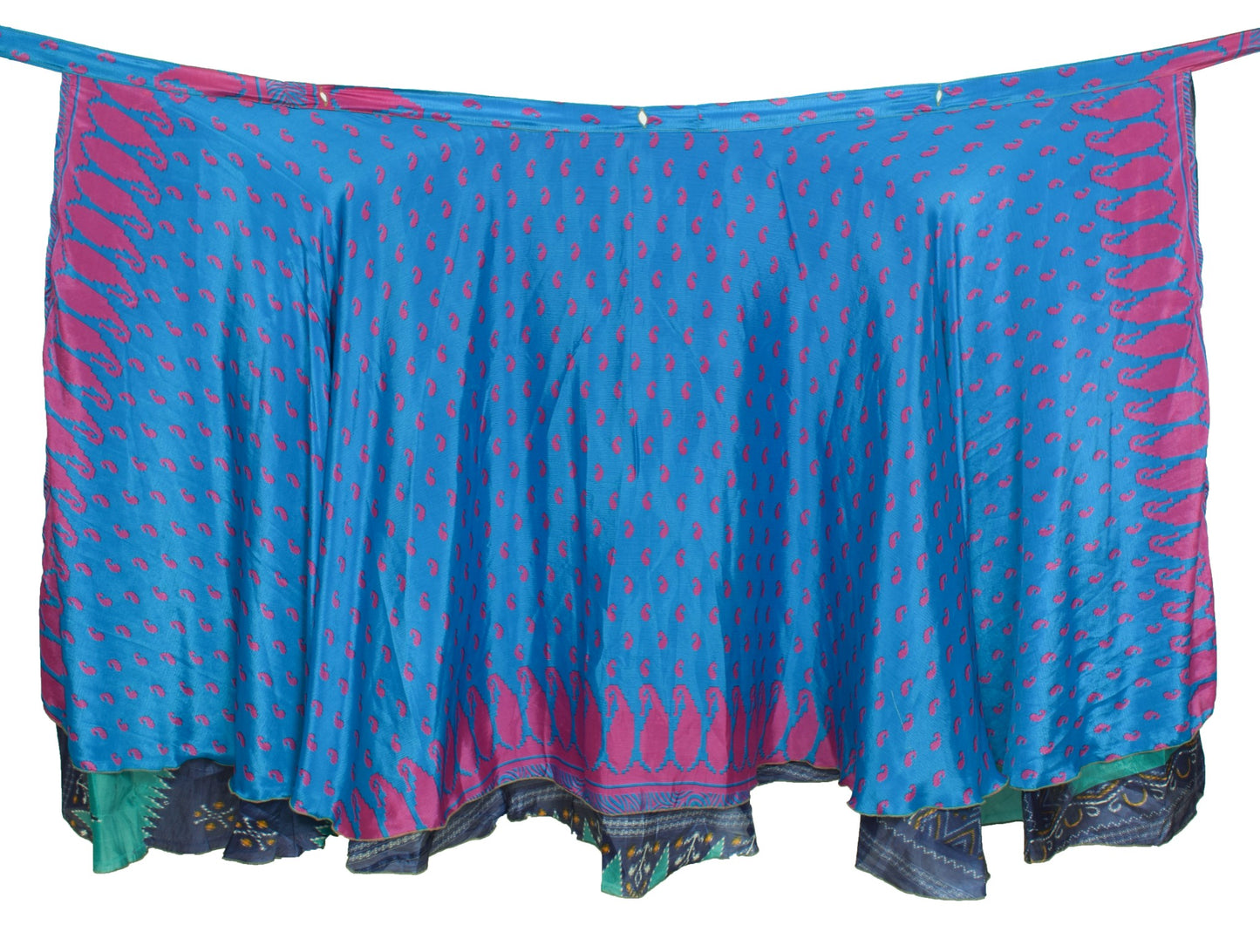 Sushila Vintage Art Silk Saree Blue Magic Wrap Reversible Skirt Beach Dress Boho