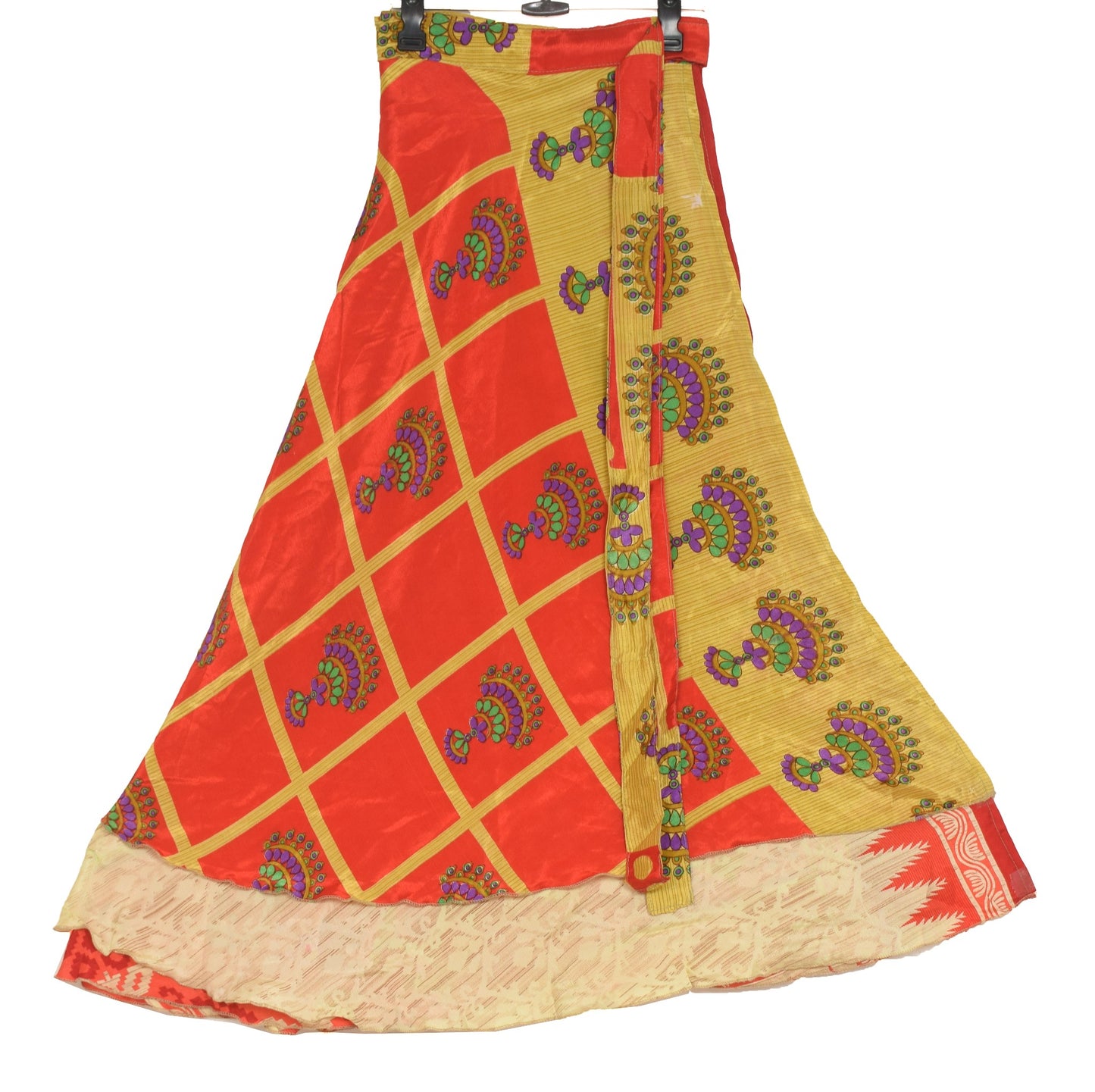 Sushila Vintage Red Saree Magic Wrap Reversible Skirt Art Silk Beach Dress Hippie