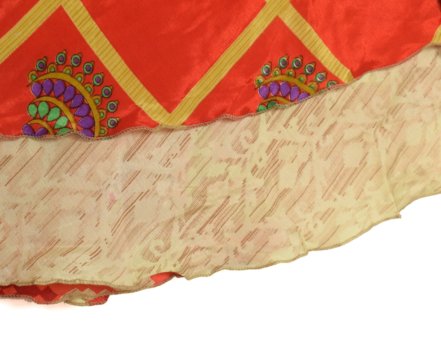 Sushila Vintage Red Saree Magic Wrap Reversible Skirt Art Silk Beach Dress Hippie