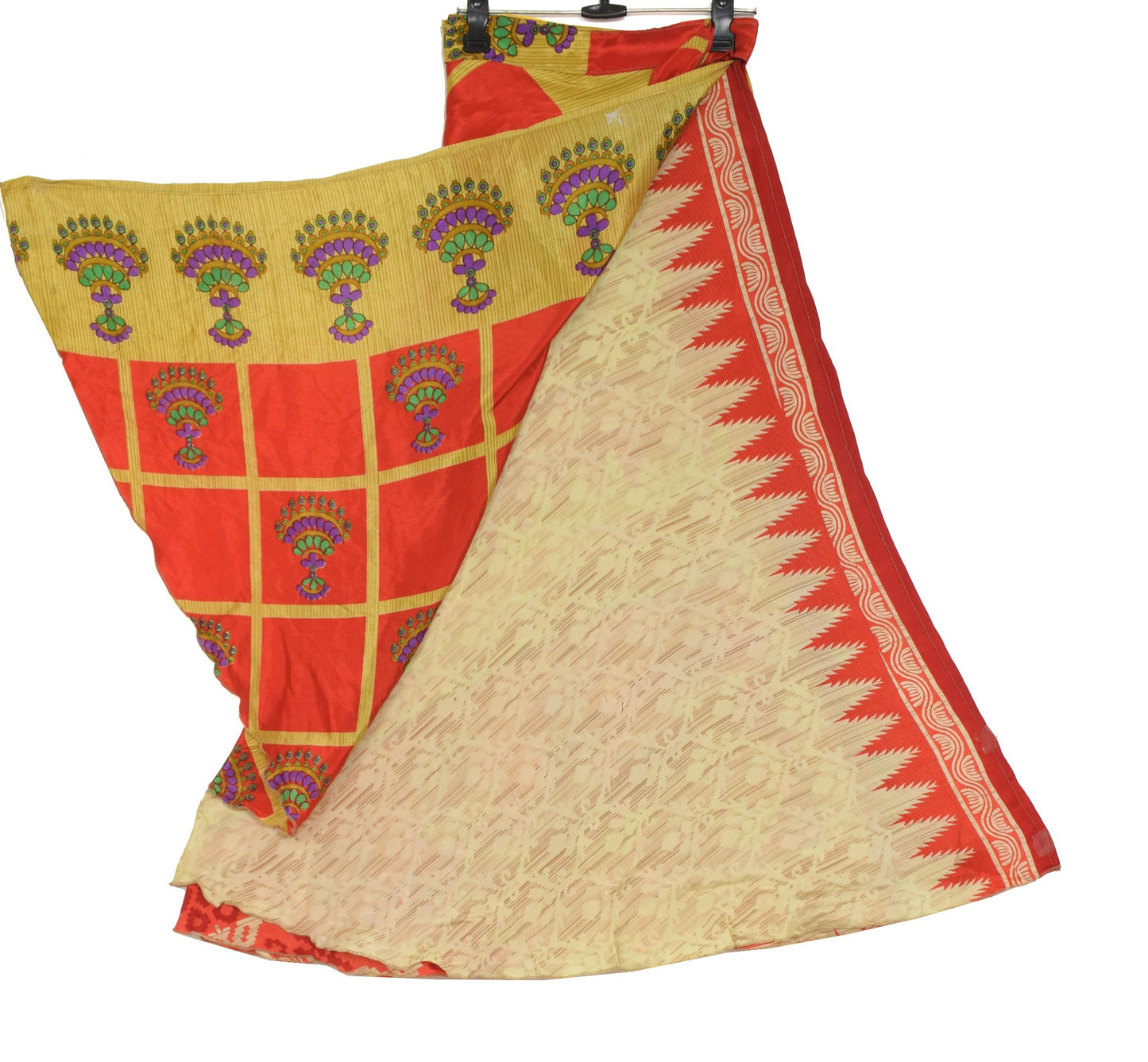 Sushila Vintage Red Saree Magic Wrap Reversible Skirt Art Silk Beach Dress Hippie
