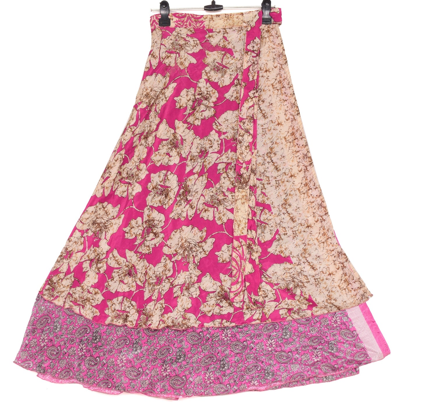 Sushila Vintage Magic Wrap Floral Pink Saree Reversible Skirt Art Silk Beach Dress