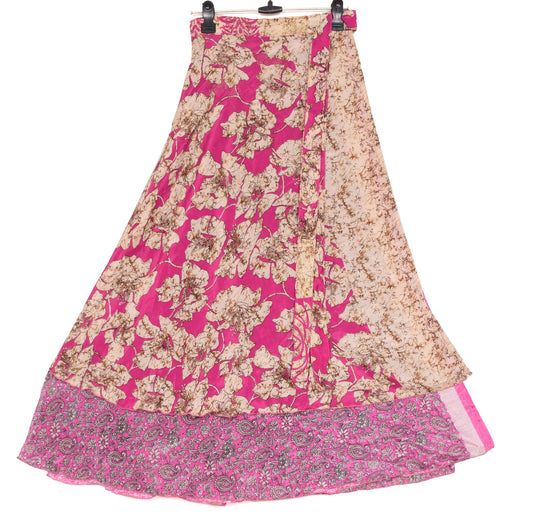 Sushila Vintage Magic Wrap Floral Pink Saree Reversible Skirt Art Silk Beach Dress
