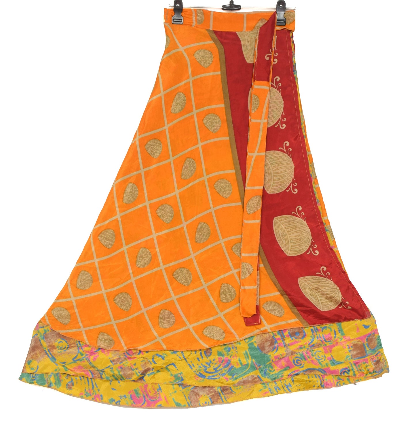 Sushila Vintage Orange Saree Magic Wrap Reversible Skirt Art Silk Beach Dress Hippie