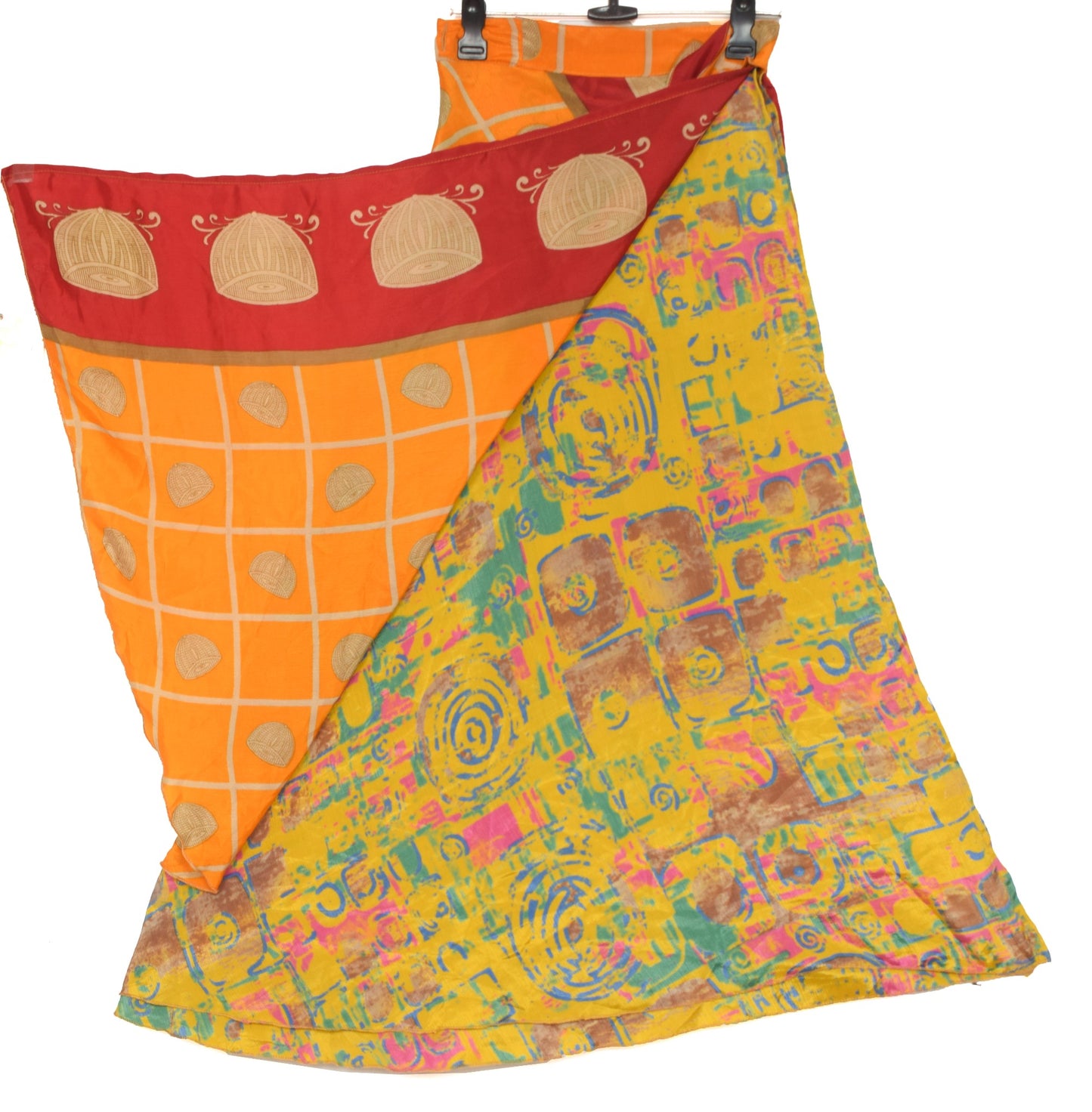 Sushila Vintage Orange Saree Magic Wrap Reversible Skirt Art Silk Beach Dress Hippie