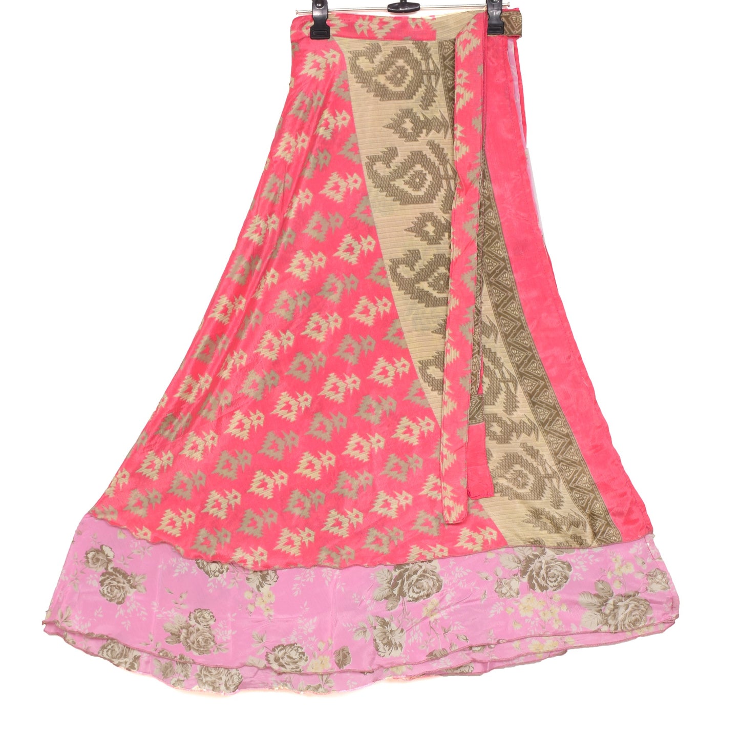 Sushila Vintage Art Silk Saree Magic Wrap Reversible Skirt Pink Beach Dress Boho
