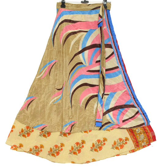 Sushila Vintage Art Silk Saree Magic Wrap Reversible Skirt Yellow Floral Beach Dress