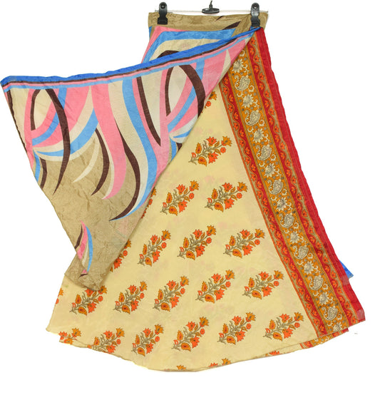 Sushila Vintage Art Silk Saree Magic Wrap Reversible Skirt Yellow Floral Beach Dress