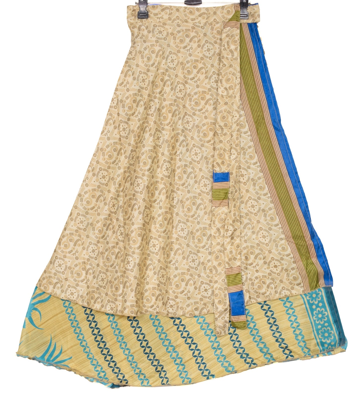 Sushila Vintage Art Silk Saree Magic Wrap Reversible Cream Skirt Beach Dress