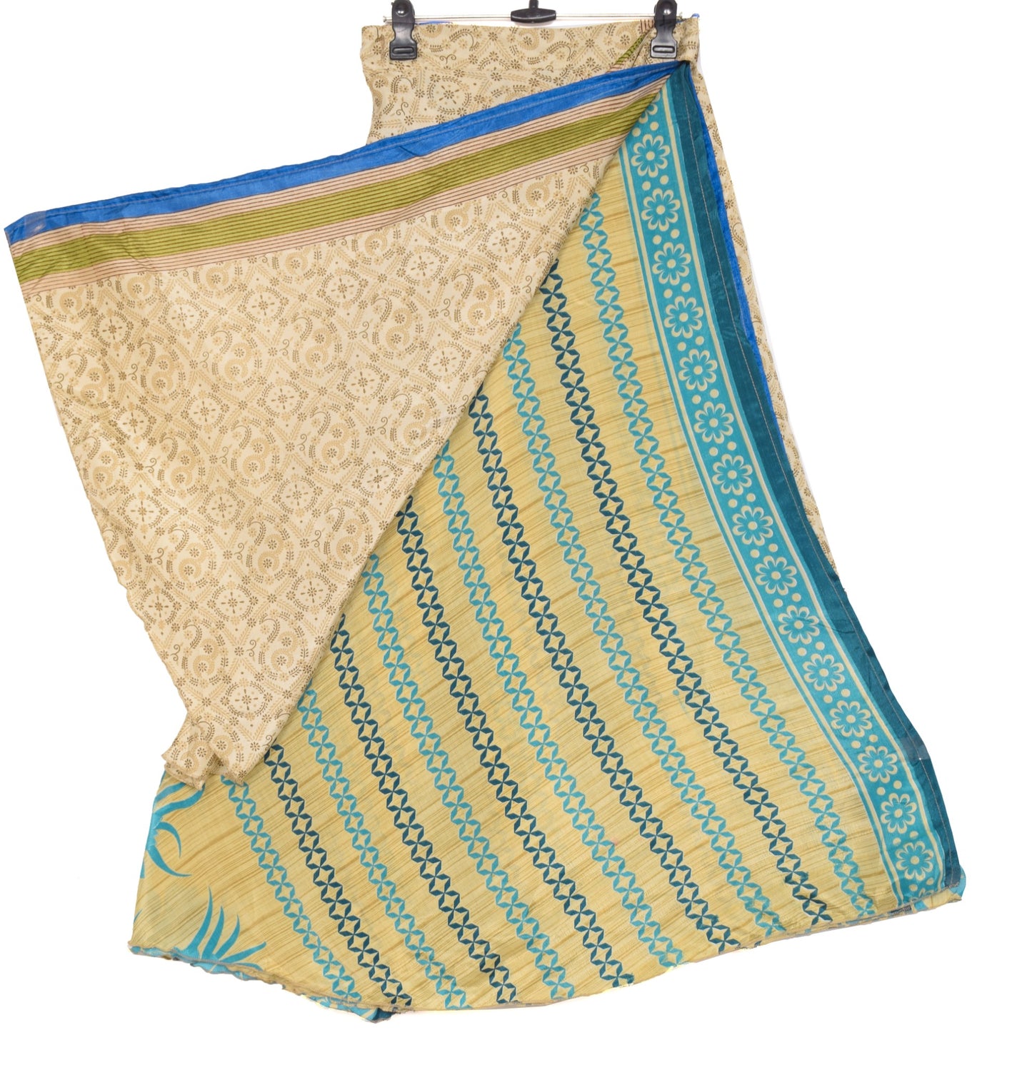 Sushila Vintage Art Silk Saree Magic Wrap Reversible Cream Skirt Beach Dress