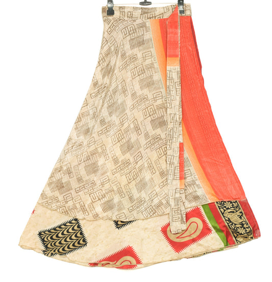 Sushila Vintage Cream Saree Magic Wrap Reversible Skirt Paisley Art Silk Beach Dress