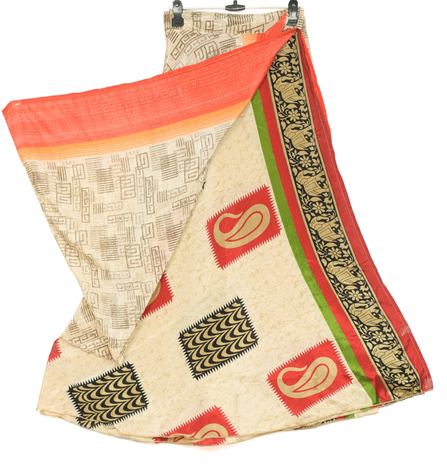 Sushila Vintage Cream Saree Magic Wrap Reversible Skirt Paisley Art Silk Beach Dress