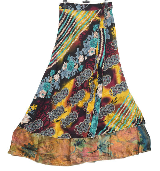 Sushila Vintage Multi-Color Saree Magic Wrap Reversible Skirt Art Silk Beach Dress