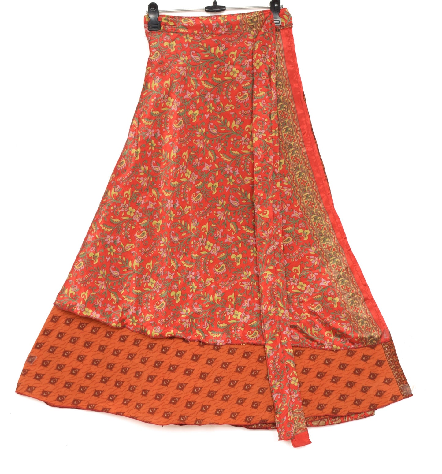Sushila Vintage Art Silk Saree Magic Wrap Reversible Skirt Rust Floral Beach Dress
