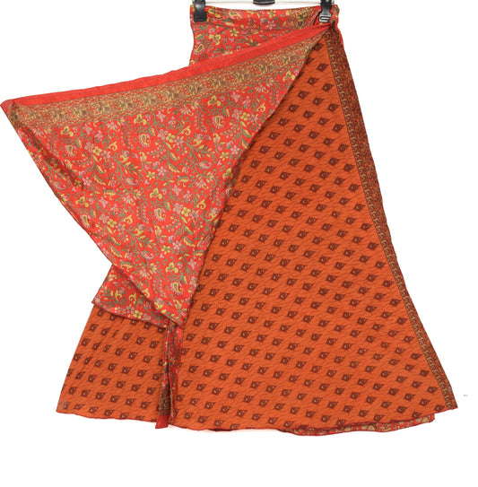 Sushila Vintage Art Silk Saree Magic Wrap Reversible Skirt Rust Floral Beach Dress