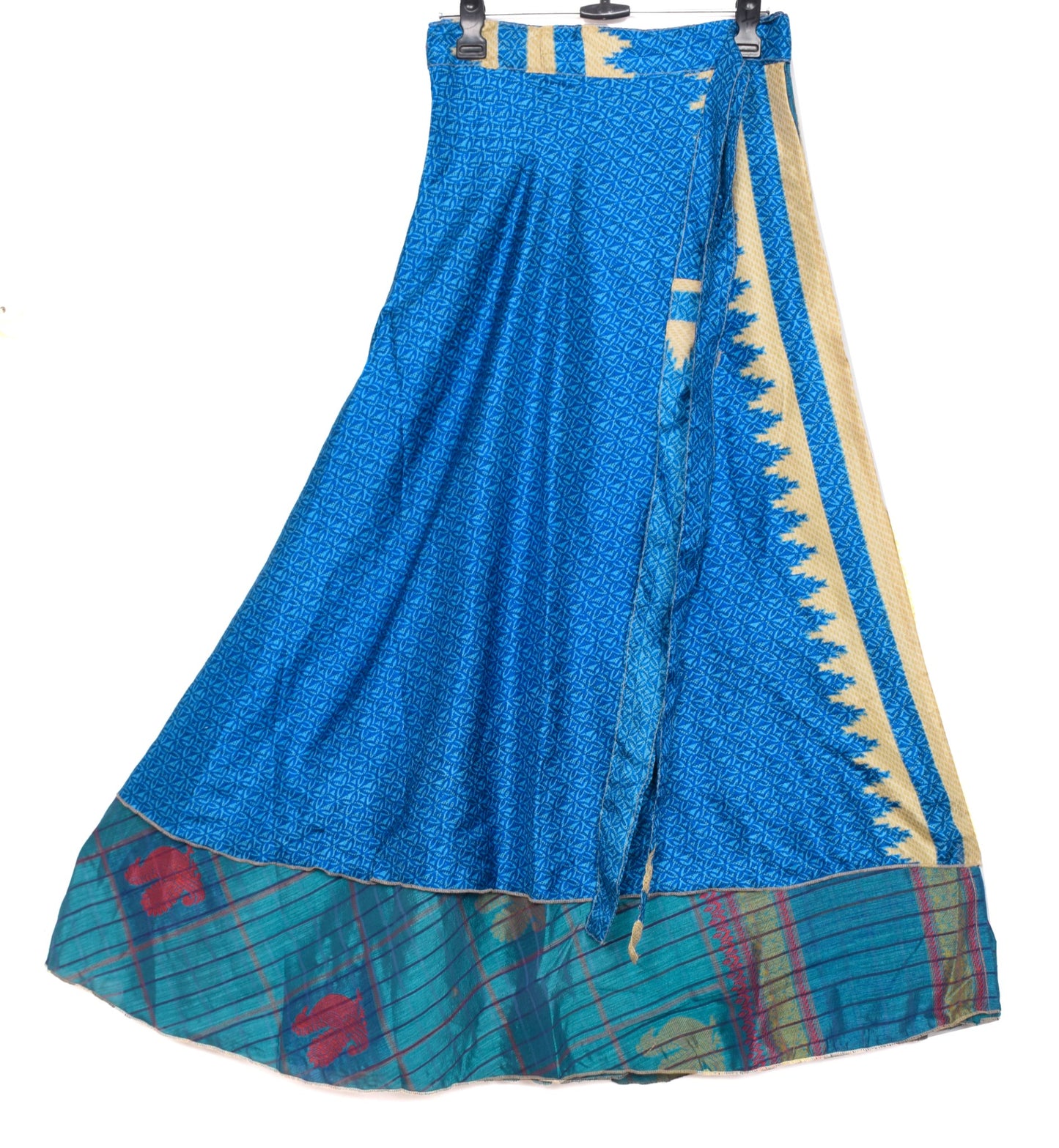Sushila Vintage Blue Saree Magic Wrap Reversible Skirt Beach Art Silk Dress Hippie