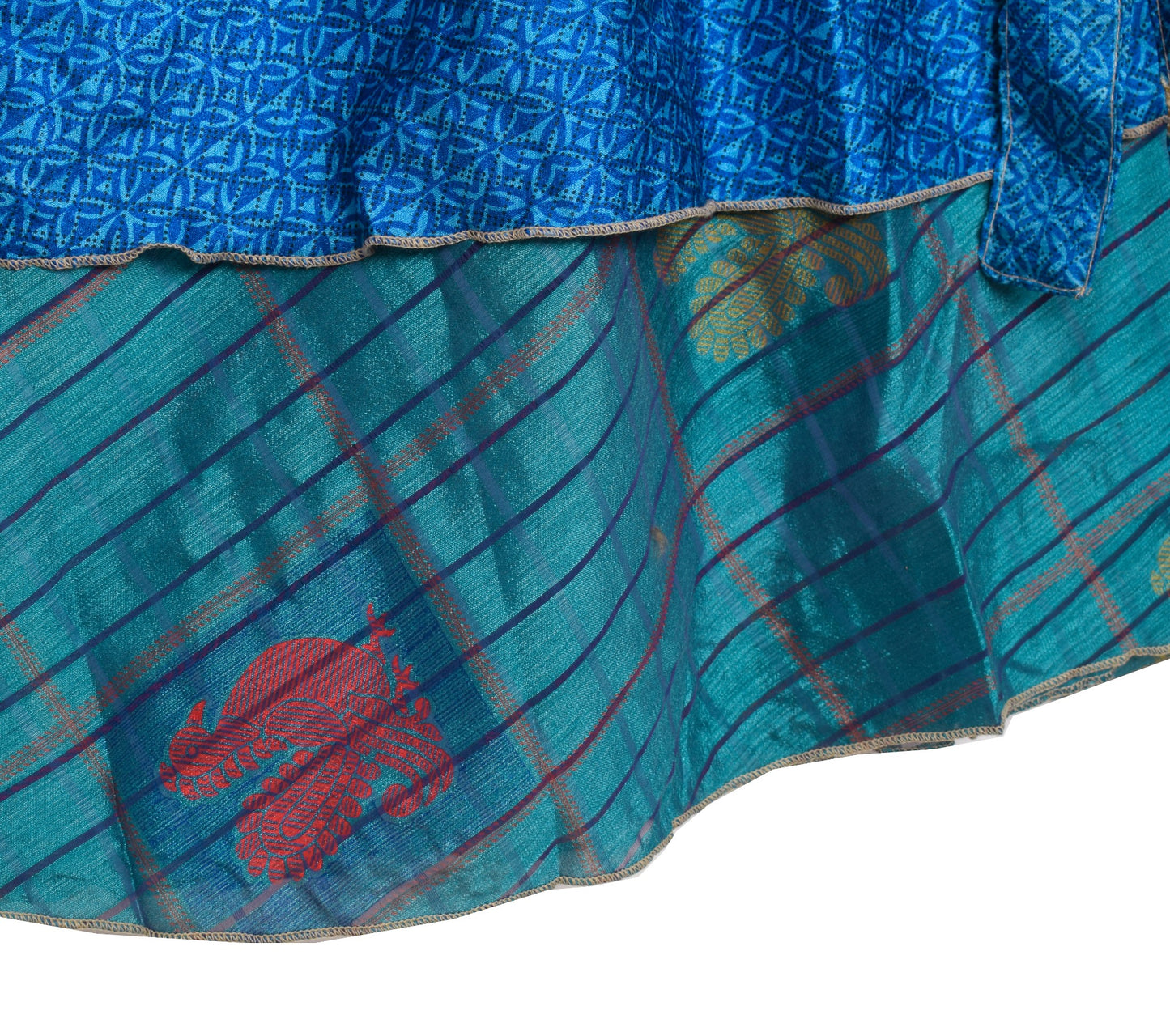 Sushila Vintage Blue Saree Magic Wrap Reversible Skirt Beach Art Silk Dress Hippie