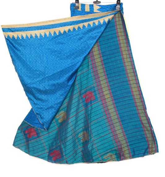 Sushila Vintage Blue Saree Magic Wrap Reversible Skirt Beach Art Silk Dress Hippie