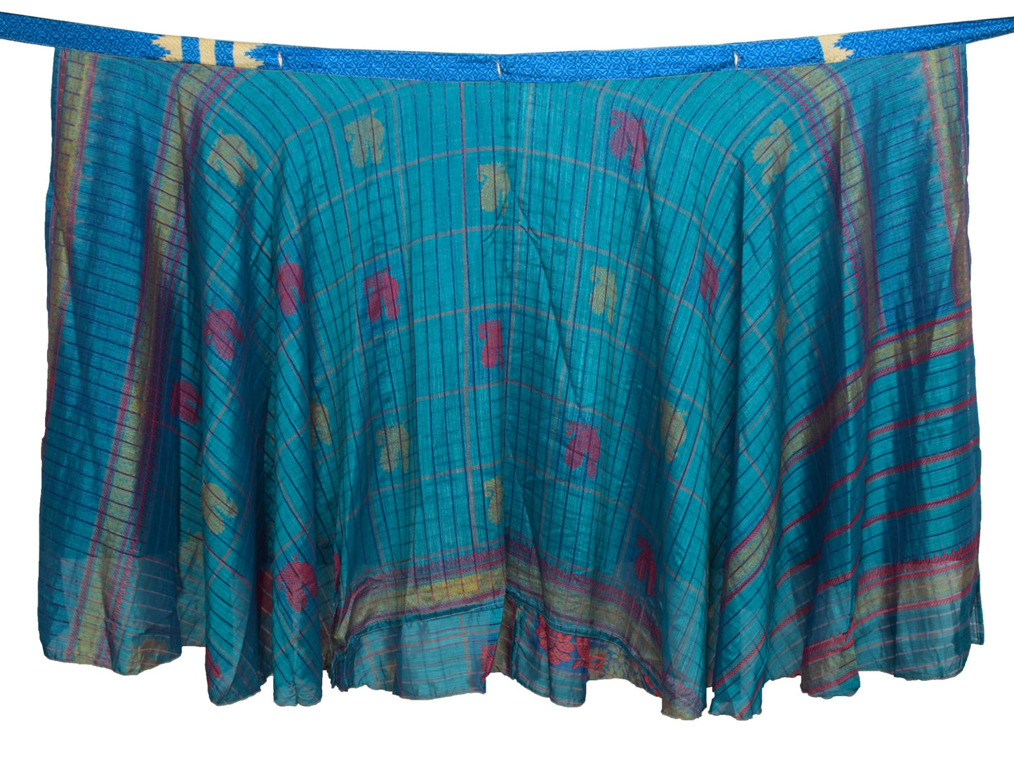 Sushila Vintage Blue Saree Magic Wrap Reversible Skirt Beach Art Silk Dress Hippie