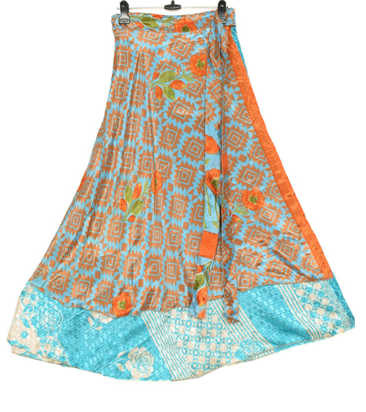 Sushila Vintage Art Silk Saree Magic Wrap Reversible Skirt Aqua Blue Beach Dress