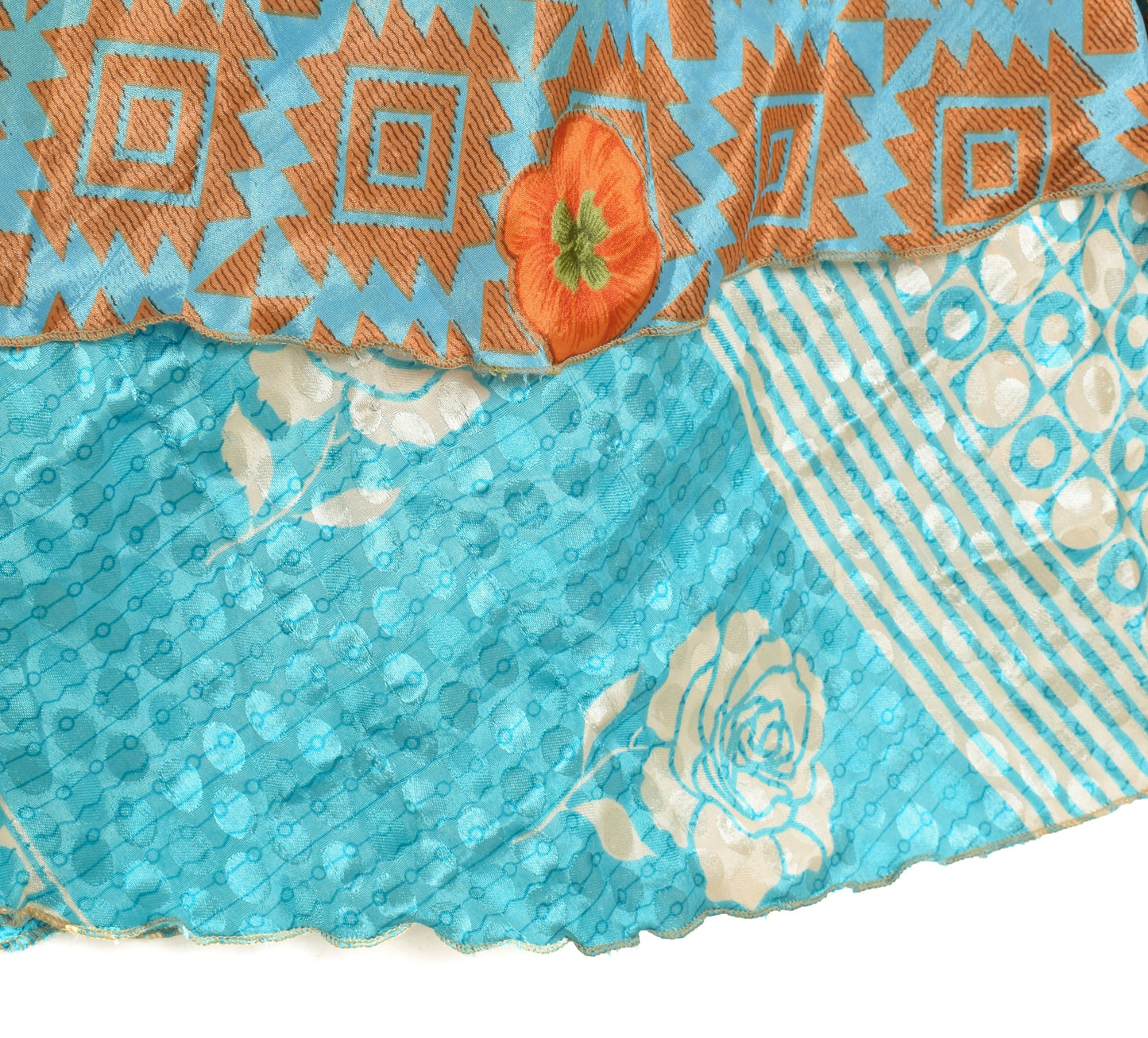 Sushila Vintage Art Silk Saree Magic Wrap Reversible Skirt Aqua Blue Beach Dress