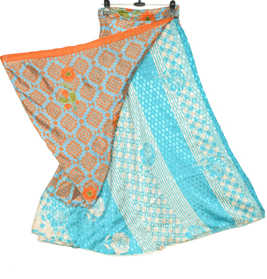 Sushila Vintage Art Silk Saree Magic Wrap Reversible Skirt Aqua Blue Beach Dress