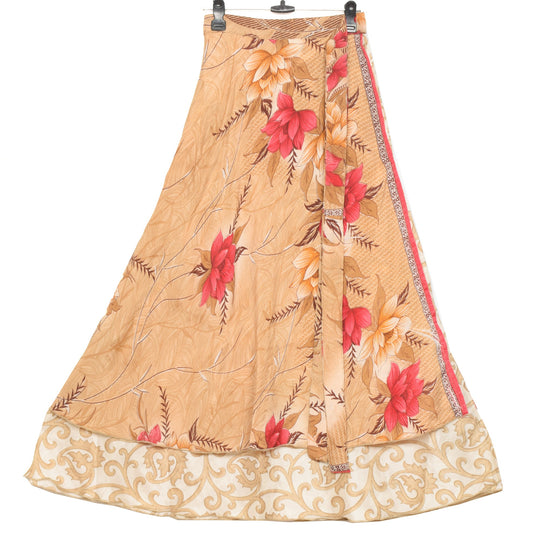 Sushila Vintage Floral White Saree Magic Wrap Reversible Skirt Art Silk Beach Dress