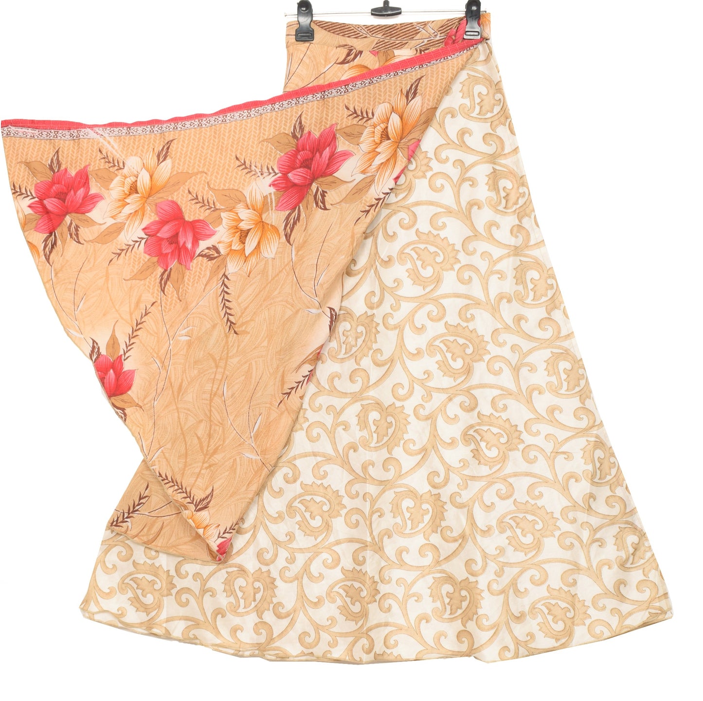 Sushila Vintage Floral White Saree Magic Wrap Reversible Skirt Art Silk Beach Dress