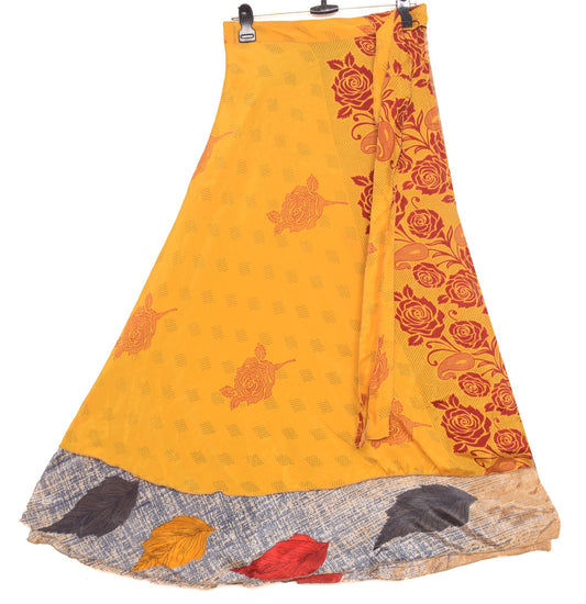 Sushila Vintage Magic Wrap Silk Saree Yellow Floral Reversible Skirt BeachDress