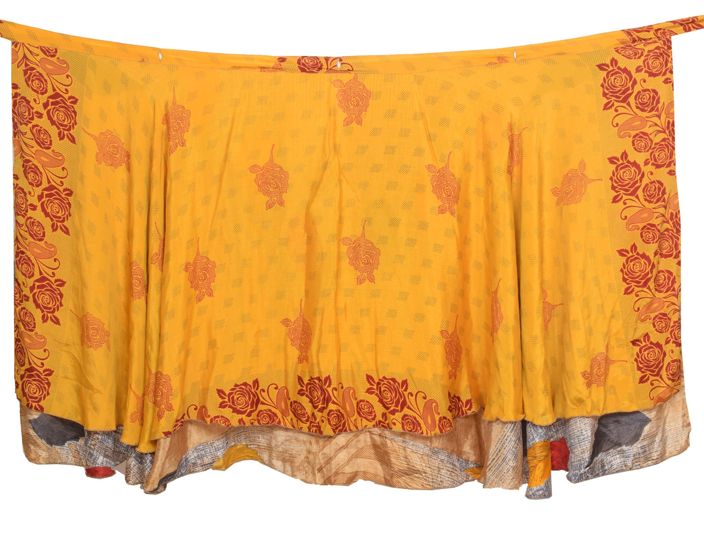 Sushila Vintage Magic Wrap Saree Yellow Floral Reversible Skirt Art Silk Beach Dress