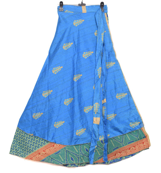 Sushila Vintage Art Silk Saree Magic Wrap Reversible Skirt Paisley Blue Beach Dress