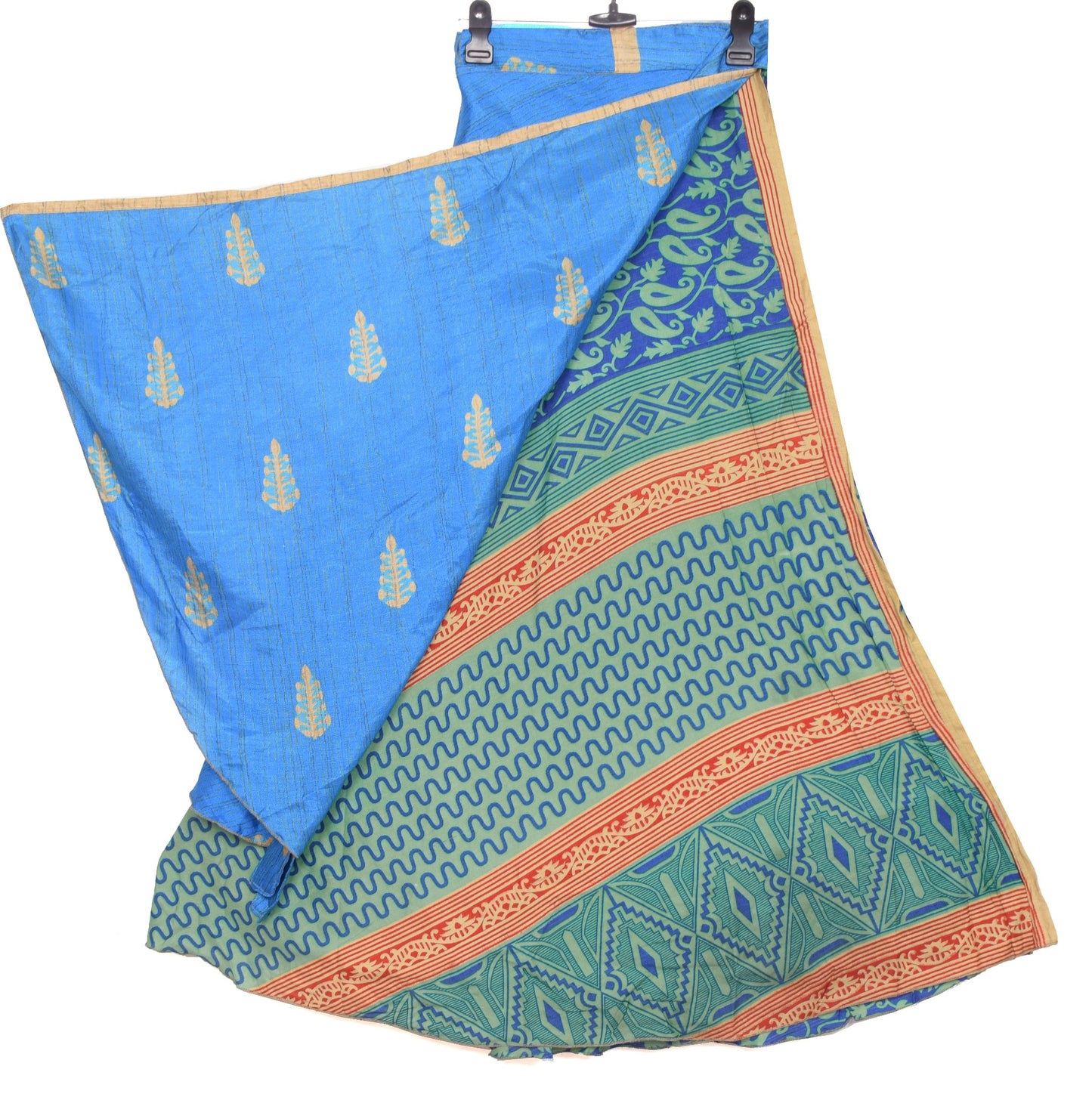 Sushila Vintage Art Silk Saree Magic Wrap Reversible Skirt Paisley Blue Beach Dress