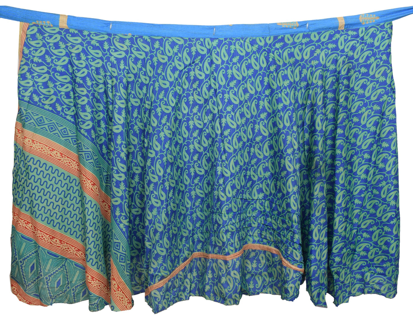Sushila Vintage Art Silk Saree Magic Wrap Reversible Skirt Paisley Blue Beach Dress