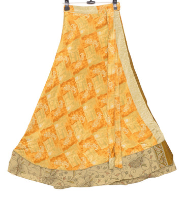 Sushila Vintage Silk Saree Magic Wrap Reversible Skirt Yellow Brown Beach Dress