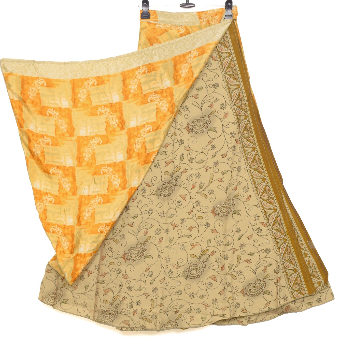Sushila Vintage Art Silk Saree Magic Wrap Reversible Skirt Yellow Brown Beach Dress