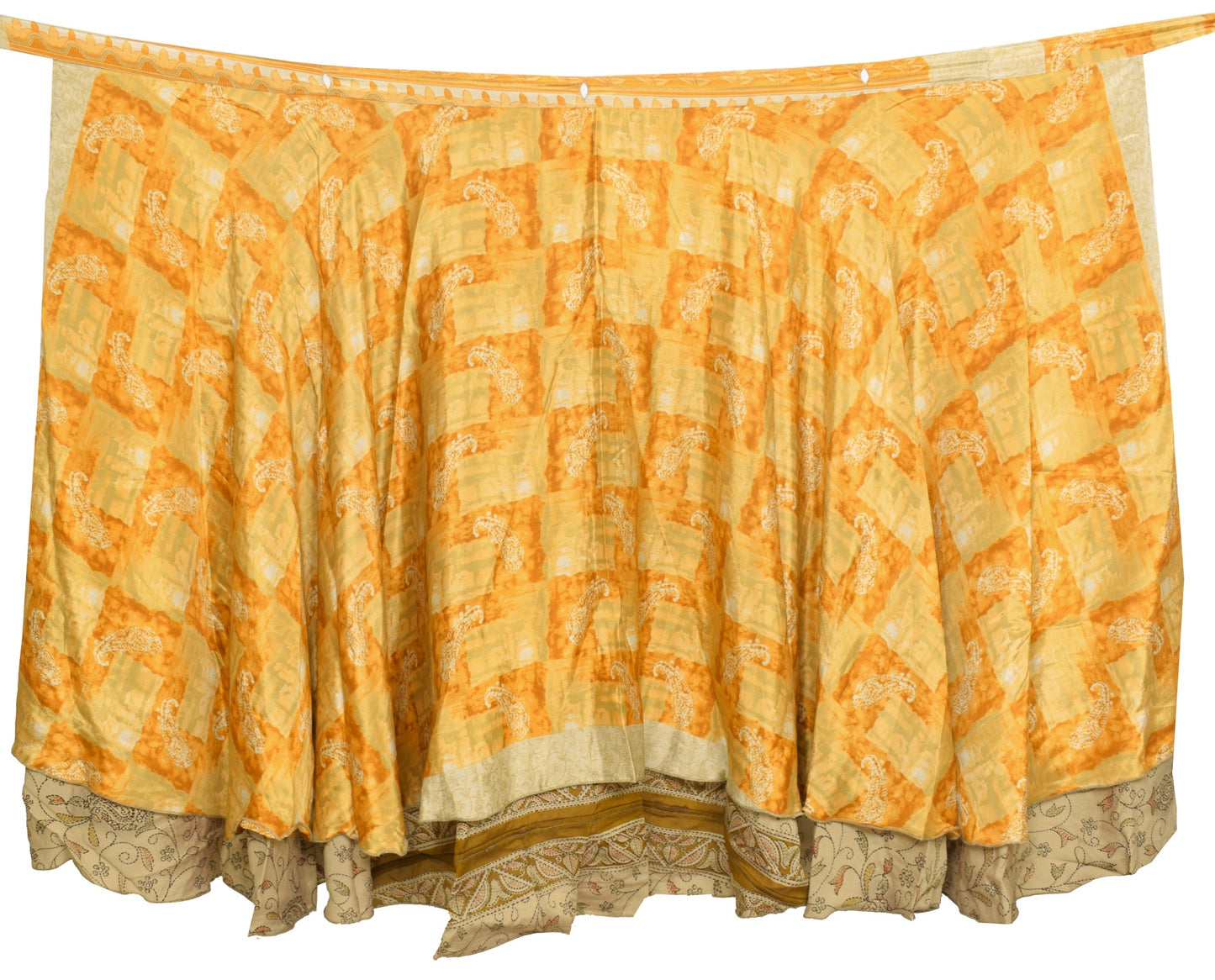 Sushila Vintage Art Silk Saree Magic Wrap Reversible Skirt Yellow Brown Beach Dress
